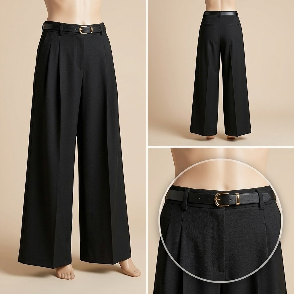 Pantalon Large à Pinces Noir+ ceinture – Coupe Palazzo