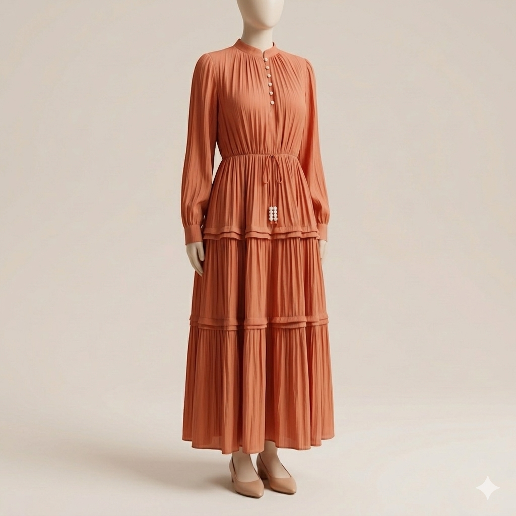 Robe Bohème romantique Plissée à Volants – Couleur Ambre