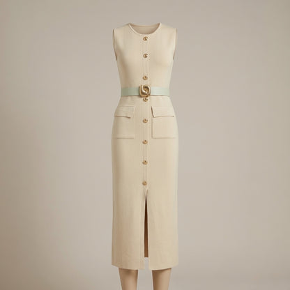 Robe-Pull Longue Sans Manches beige Ceinturée