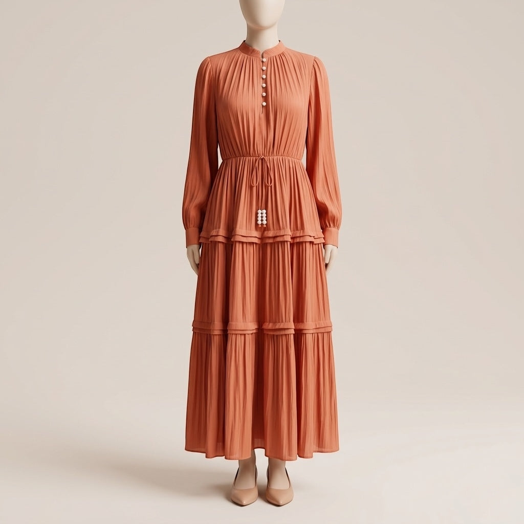 Robe Bohème romantique Plissée à Volants – Couleur Ambre