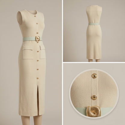 Robe-Pull Longue Sans Manches beige Ceinturée